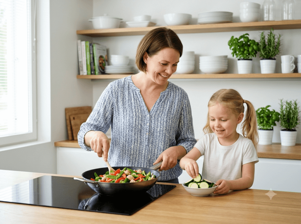 Kuvassa äiti ja lapsi laittavat ruokaa