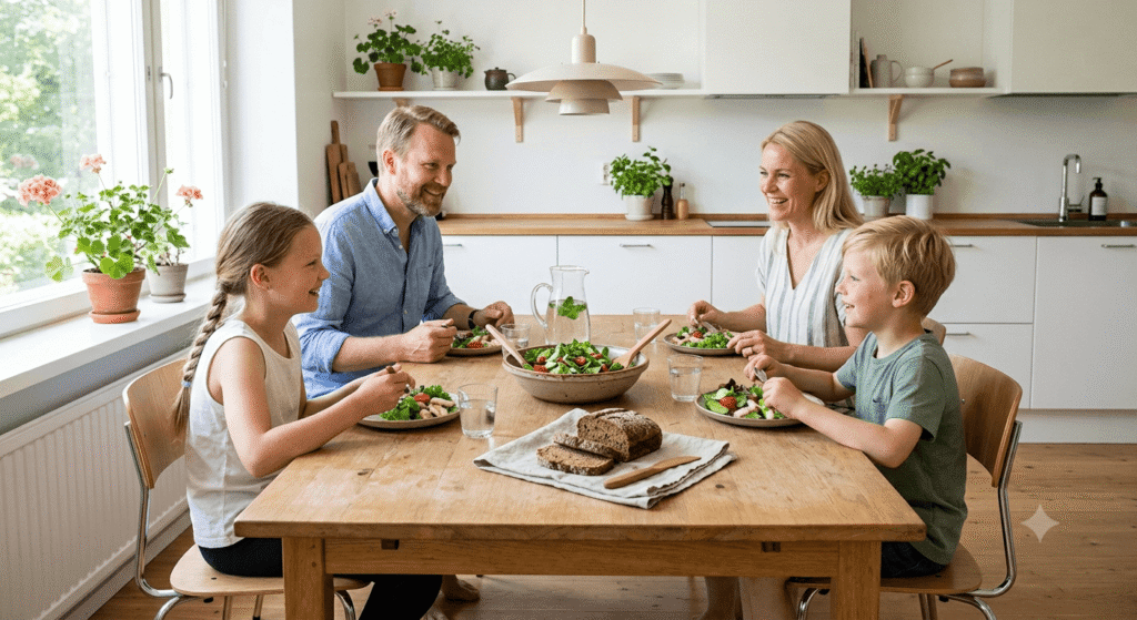 Kuvassa on perhe syömässä pöydän äärellä, kulhossa salaattia