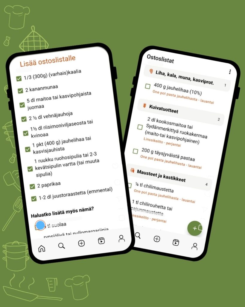 Kaksi kuaa omamenun ostoslistatoiminnoista